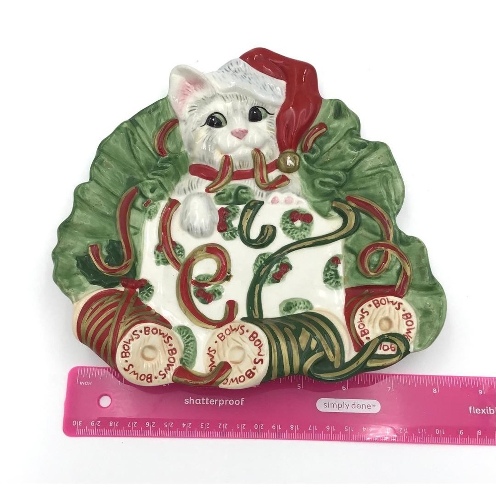 Vintage Fitz and Floyd Ceramic Christmas Plate Set Santa Claus & Holiday Kitten - Picture 6 of 14